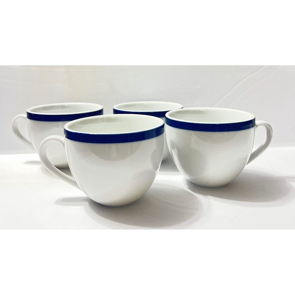 Williams Sonoma Brasserie Coffee Cups Set of 4 White Blue Rim Japan Bistro Mugs